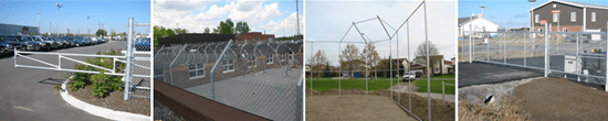 Two pictures of a fenced in area with buildings.